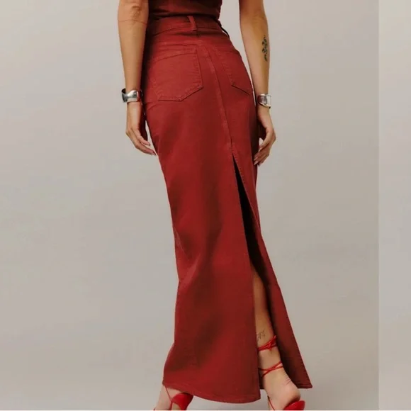 Reformation Jeans Daria Ultra High Rise Denim Maxi Skirt in lipstick Red size 26 - Picture 8 of 10